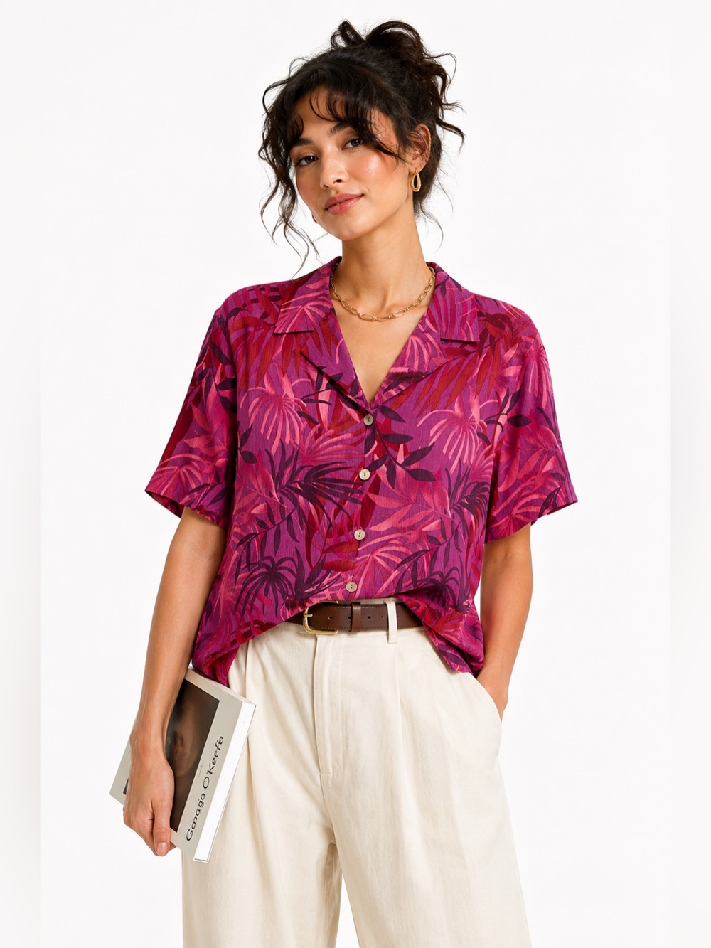 Vintage Amanda Smith Pure Silk Tropical Button Down Blouse M Fuchsia Purple‎ Red